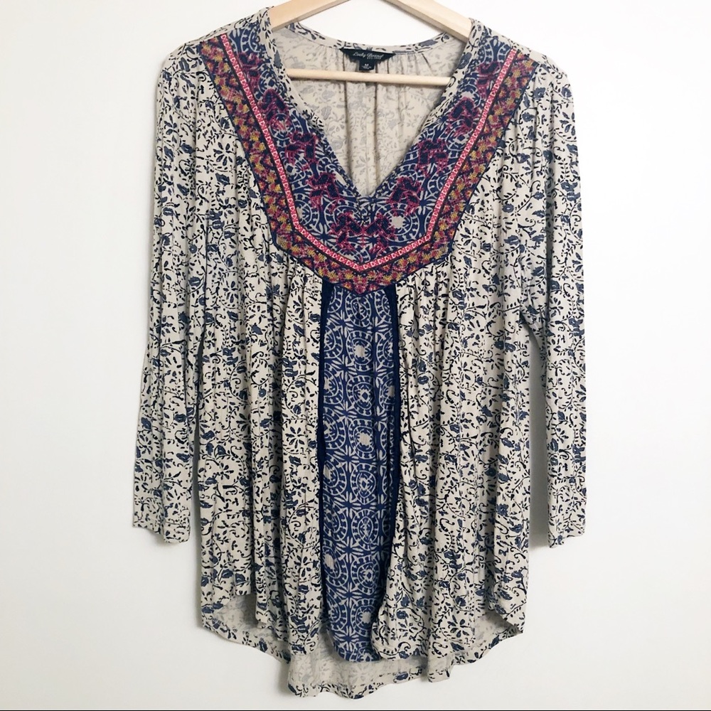 Lucky Brand Beaded Floral Peasant Top Size Medium